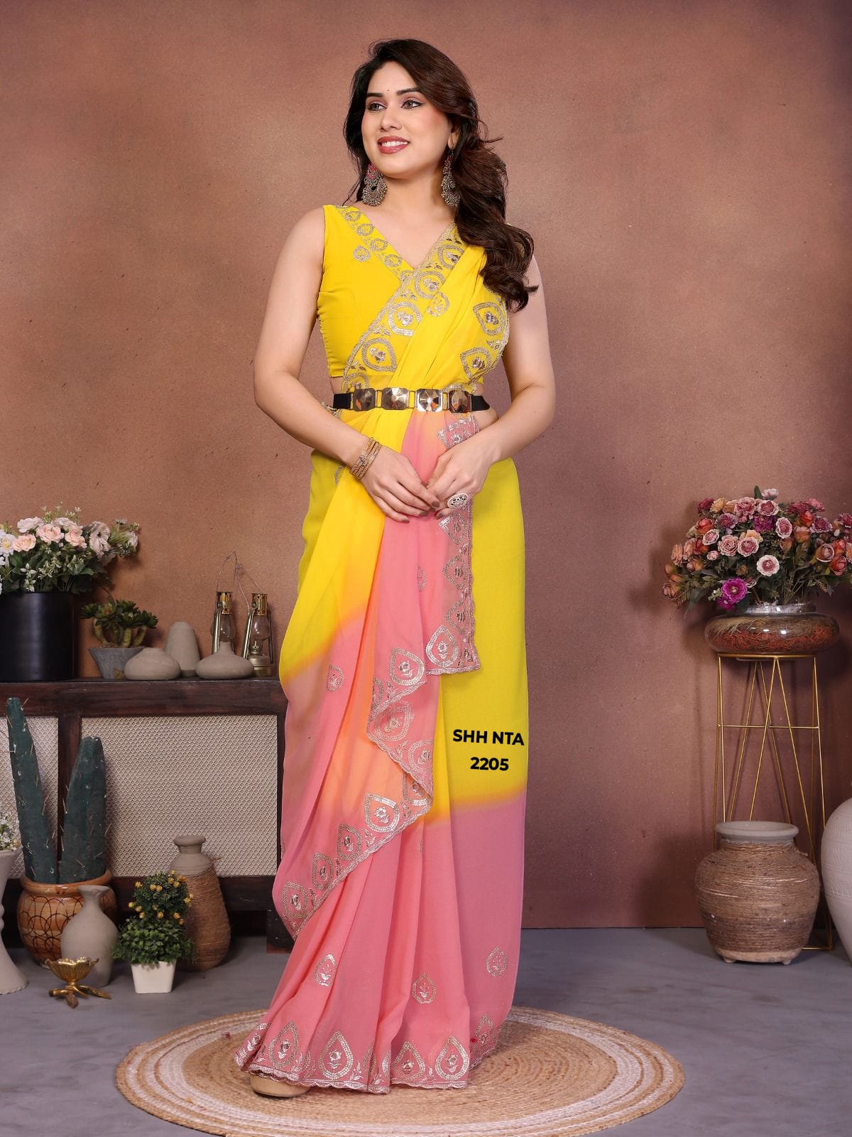Ferozi Royal Blue and Grey Dual-Tone Ombre Georgette Saree with Elegant Silver Zari Embroidered